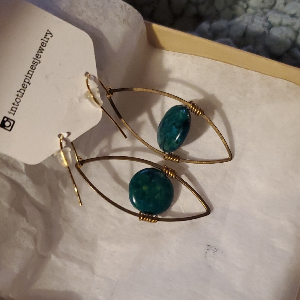 Gold and Green Cat Eye Earrings
